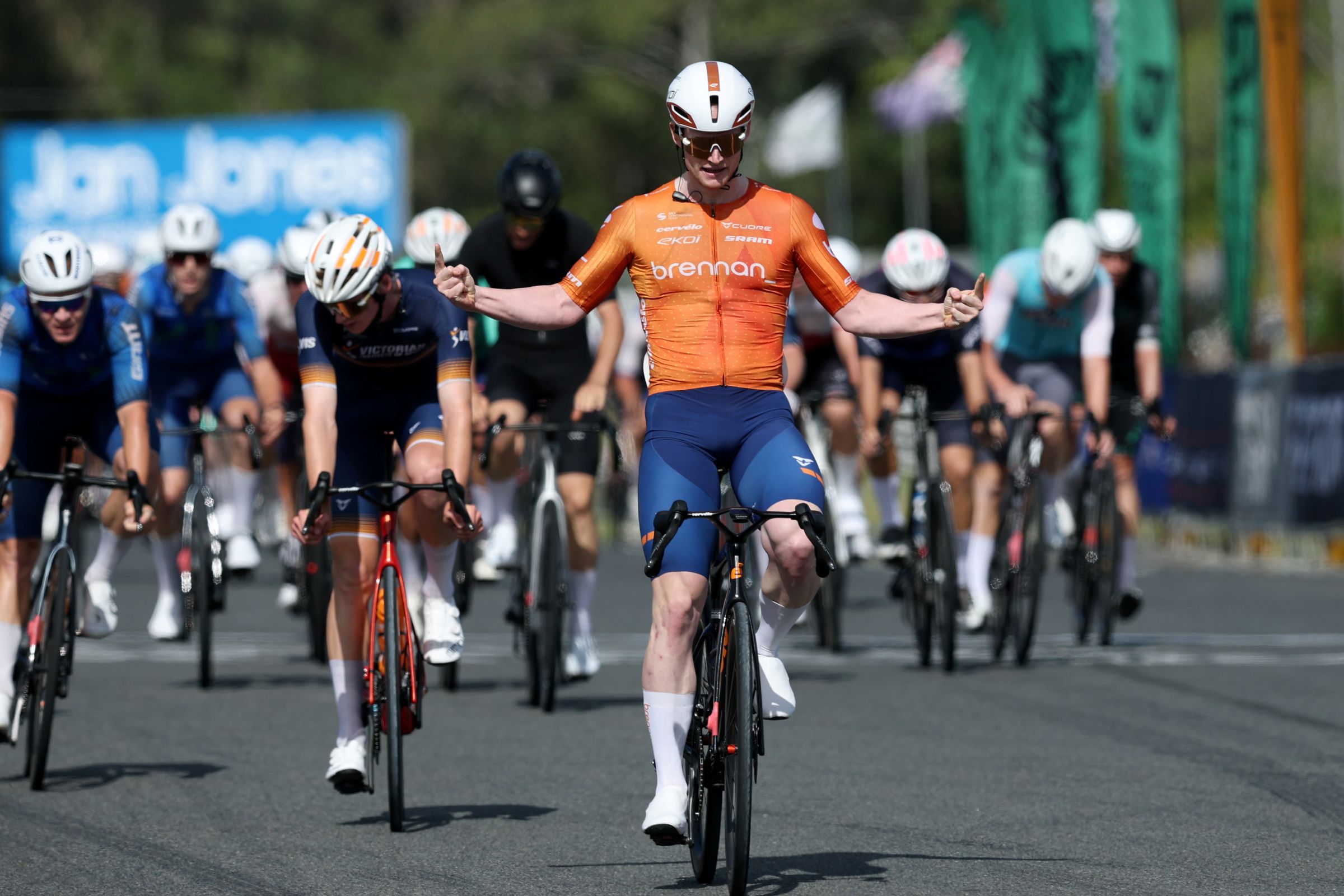 Tom Cornish winning Stage 1 of the 2026 Q Tour part of the ProVelo Super League